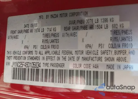 2006 Mazda Mx-5 Touring из США, поврежденный, VIN JM1NC25F460105834